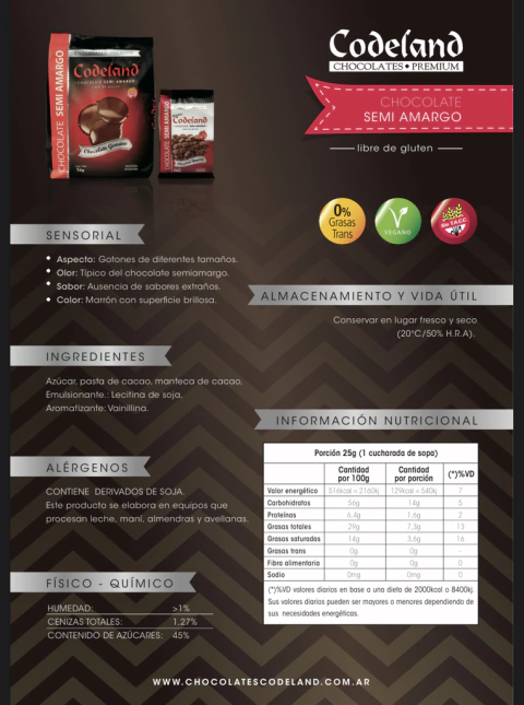 Chocolate Semi Amargo Codeland SIN TACC x 1 KG CodelandShop