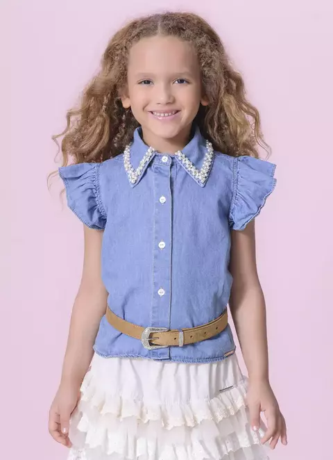 CAMISA JEANS FINO BORDADO PÉROLA E CRISTAL PITUCHINHUS - comprar online