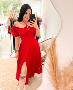 Vestido Camponesa Vermelho Crepe com Bojo