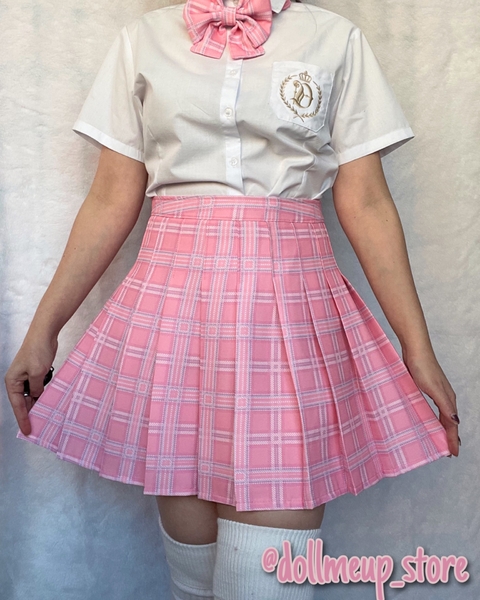 Saia colegial estilo tênis preppy xadrez rosa