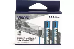 Pila Recargable AAA 1.5v 400mAh Litio Ion Vinnic con cargador incorporado Blíster x2 incluye cable tipo C