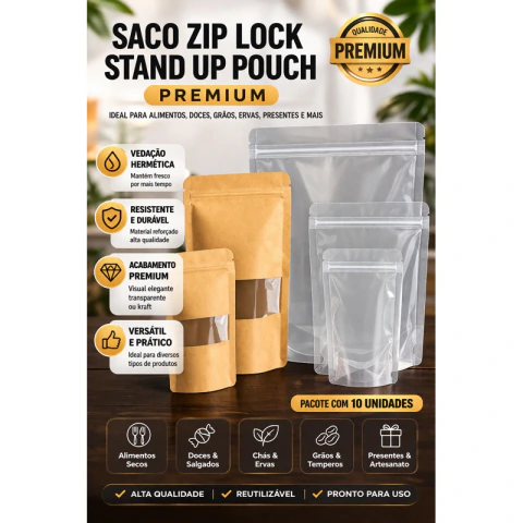 Saco Zip Stand Up Pouch com Visor Kraft ou Transparente Eazy Open | Premium