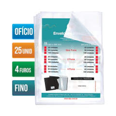 Envelope Plástico Ofício Fino 4 Furos - 24x33 - C/ 25 Unid.