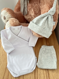 Ajuar hello baby algodón pima | Blanco y gris melange - comprar online
