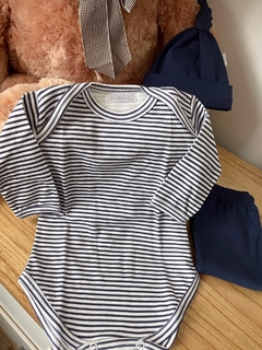 Body, ranita y gorrito algodón pima | Rayitas azul - comprar online