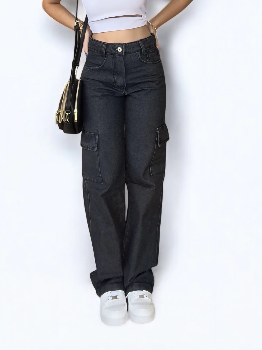 Calça wide leg cargo grafite