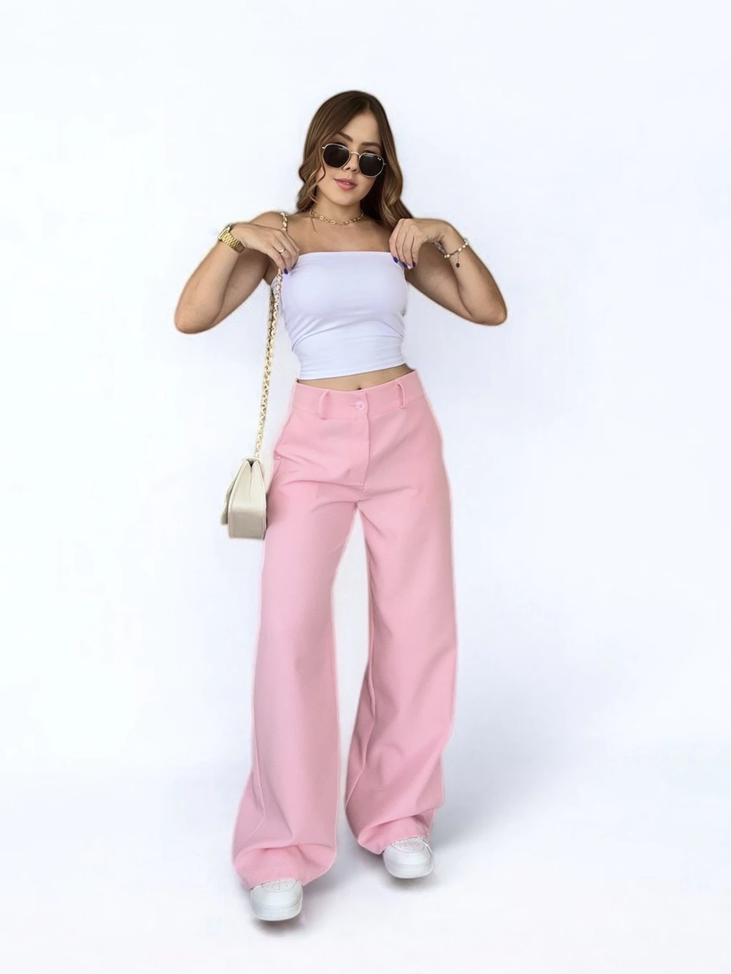 Calça wide leg alfaiataria rosa