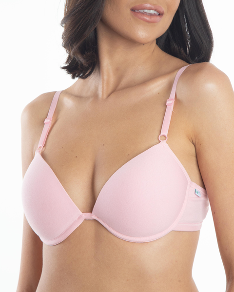 Mulher usando sutiã feminino rosa com bojo meia taça em algodão
