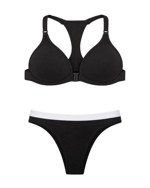 Conjunto preto de lingerie com sutiã básico nadador com bojo em algodão e calcinha tanga com elástico personalizado branco