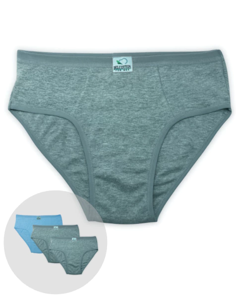 Kit com 3 cuecas básicas masculinas em algodão nas cores azul claro e cinza da marca Delcotton