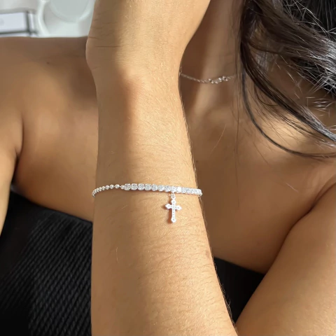 PULSEIRA RIVIERA COM PINGENTE CRUZ | PRATA 925