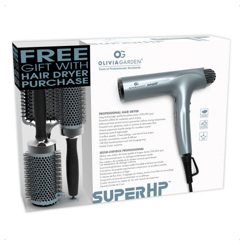 Olivia Garden - Secador de Pelo Super HP Ultraliviano (2000w) W510 + Kit de Cepillos