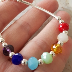 Pulsera 7 chakras en Plata con cristalitos y cierre mosquetón, 19 cm. - Ambar Joyas