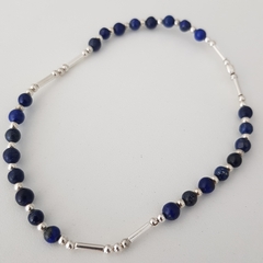 Tobillera elastizada con Piedra Lapislázuli y bolitas en Plata - comprar online