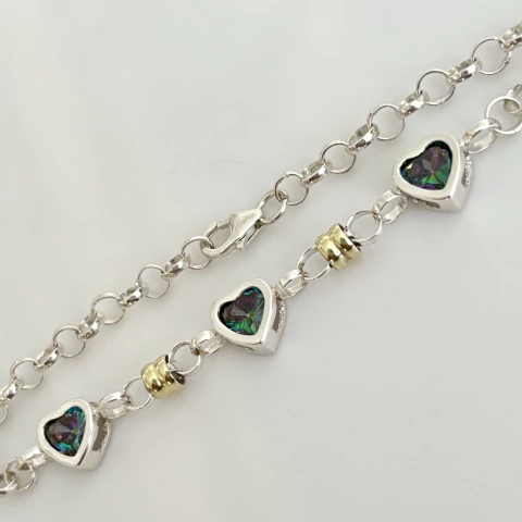 Pulsera en Plata y Oro 3 Corazones con Cubic tornasolado, 18 cm - comprar online