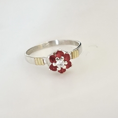 Anillo flor en Plata y Oro con Cubic Blanco y rojo