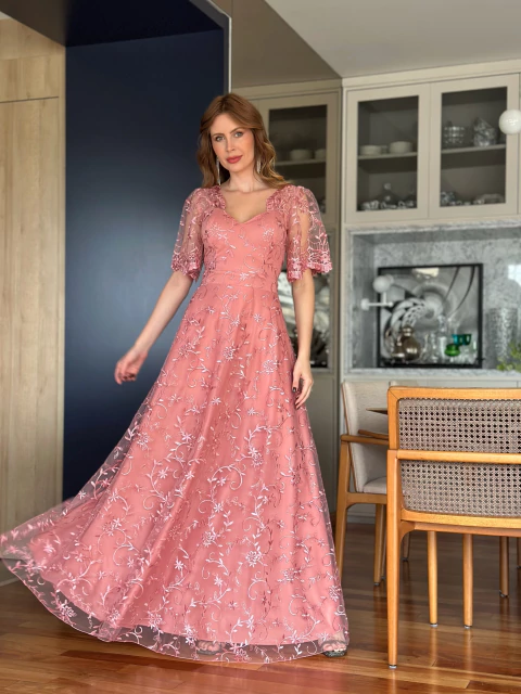 Vestido Longo de Festa Aurora Rose Elegante em Tule Bordado Com Mangas 3/4 - comprar online