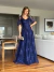 Vestido Longo de Festa Aurora Azul Marinho Elegante em Tule Bordado Com Mangas 3/4 - Lovissa Moda Festa