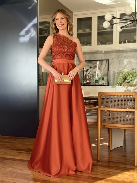 Vestido De Festa Mylla Terracota de Um ombro Só - Elegante para Madrinhas de Casamento e Eventos Formais Sofisticados. - comprar online