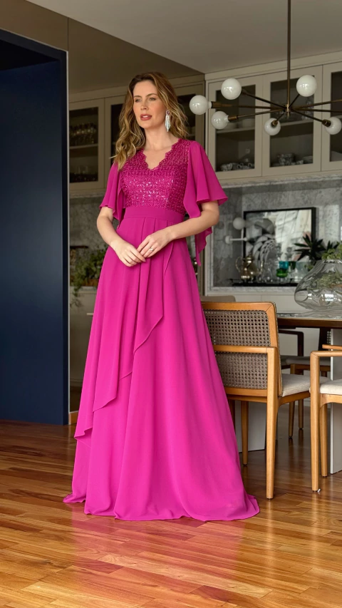 Vestido Longo De Festa Ellen Fúcsia em Chiffon com Mangas Assimétricas e Corpete Bordado - comprar online