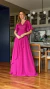 Vestido Longo De Festa Ellen Fúcsia em Chiffon com Mangas Assimétricas e Corpete Bordado - comprar online