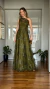 Vestido Longo de Festa Agata Verde Oliva Elegante em Tule Bordado Evasê de Um Ombro Só - loja online