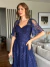 Vestido Longo de Festa Aurora Azul Marinho Elegante em Tule Bordado Com Mangas 3/4 - loja online