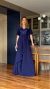 Imagem do Vestido Longo De Festa Ellen Azul Marinho em Chiffon com Mangas Assimétricas e Corpete Bordado