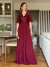 Vestido Longo De Festa Ellen Marsala em Chiffon com Mangas Assimétricas e Corpete Bordado - Lovissa Moda Festa