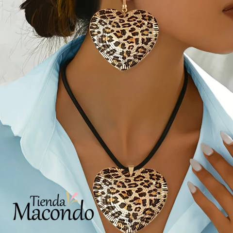 CONJUNTO CORAZON ANIMAL PRINT CORDON (COLLAR Y AROS) (1 CONJUNTO) - comprar online