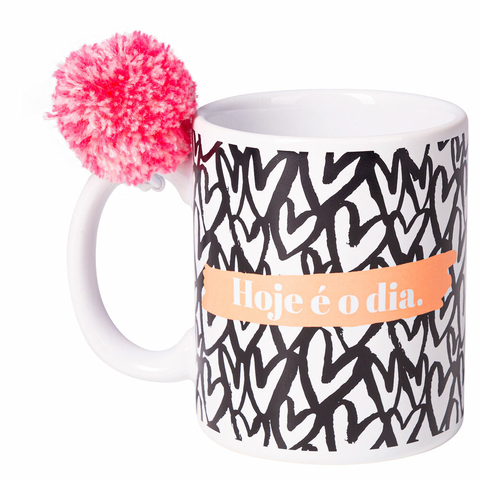 Caneca Cilíndrica 330ml Com Pompom - Love Canecas Hoje é o Dia 34824