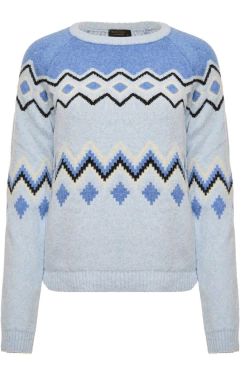 Blusa Ambicione Por Anselmi de cor azul claro com padrões geométricos em azul, preto e branco.