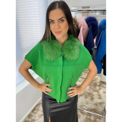 Colete Com Gola de Pele Natural - Verde