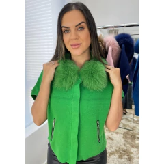 Colete Com Gola de Pele Natural - Verde