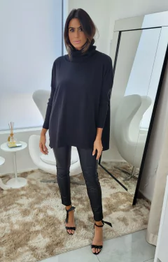 blusa preta feminina com gola boba manga longa e calça de couro ambicione by anselmi com malha atrás