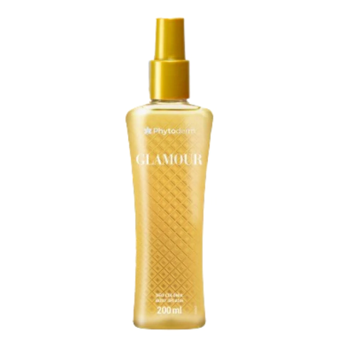 Body Splash Phytoderm Glamour 200ml em embalagem dourada, perfume corporal feminino