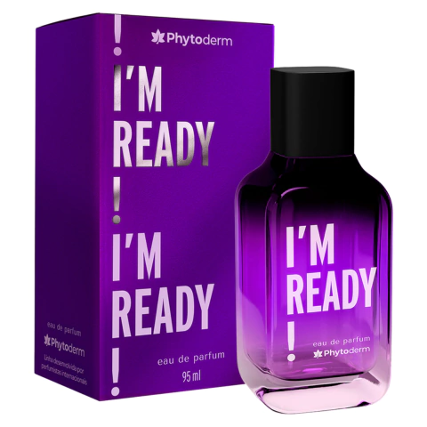 Frasco e embalagem do perfume I Am Ready! Phytoderm Eau de Parfum 95ml, com design moderno em tons de roxo e detalhes prateados.