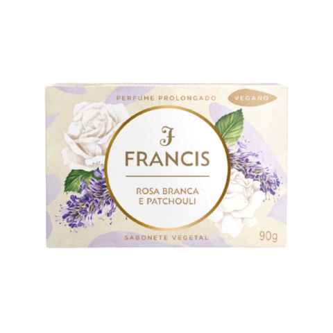 Embalagem do Sabonete Francis Rosa Branca e Patchouli 90g, sabonete vegetal vegano, com ilustrações de flores e destaque para a marca.