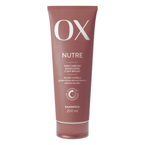 Shampoo OX Nutre 200ml para cabelos ressecados e sem brilho, embalagem vegana da marca OX Cosméticos.