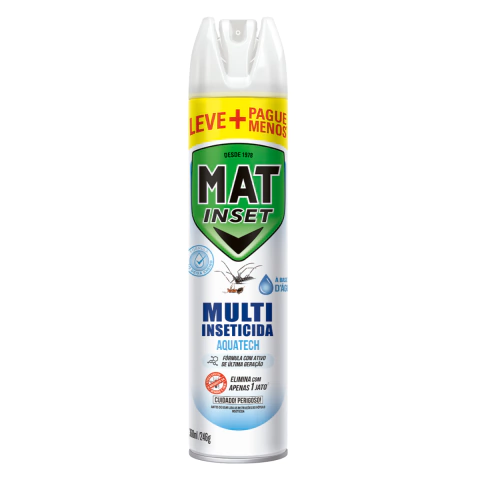 Frontal do spray Multi Inseticida Sem Cheiro Mat Inset 360ml, embalagem branca com detalhes verdes e amarelos.