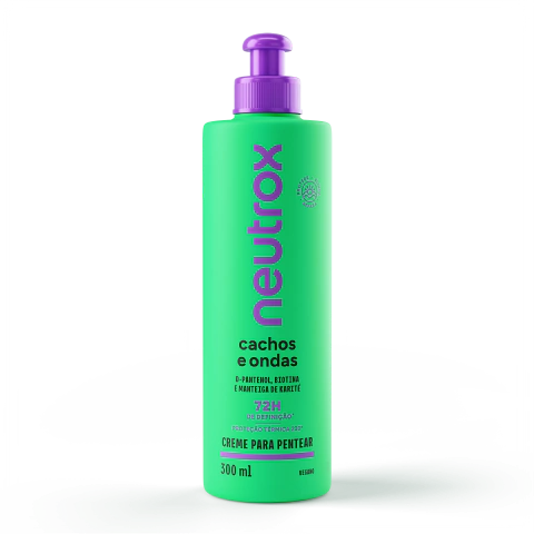 Creme para pentear Neutrox Cachos e Ondas 300ml em embalagem verde com detalhes roxos, ideal para definição de cachos e ondas.