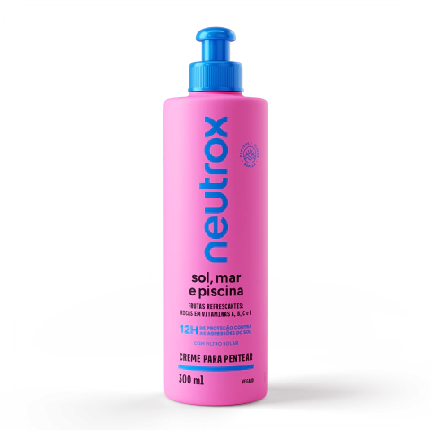 Creme para pentear Neutrox Sol Mar e Piscina 300ml, embalagem rosa com tampa azul, indicado para proteção dos cabelos contra sol, mar e piscina.