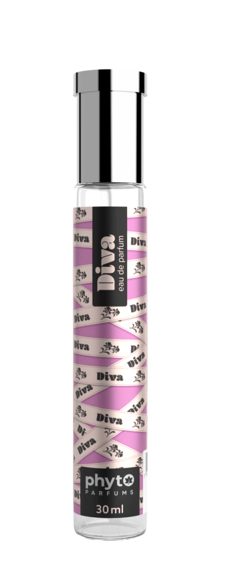 Frasco do perfume Diva Phyto Parfums 30ml Eau de Parfum com design moderno e detalhes em lilás e prata.
