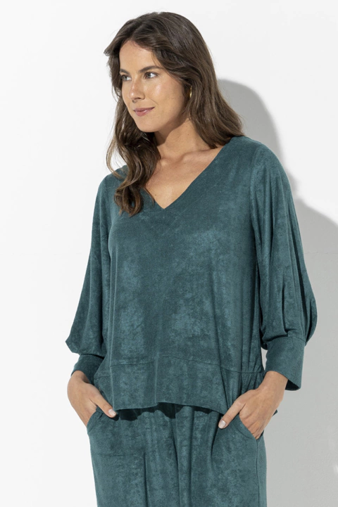 Blusa 7/8 Decote V Atoalhada Esmeralda (208242)