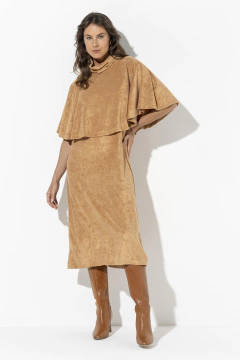Vestido Evase Midi Pelerine Atoalhado Amendoa (208614)