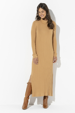 Vestido Longo Gola Canelado Camel (207749)