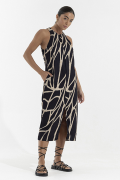 Vestido Midi Fenda Tramas Preta (002136)