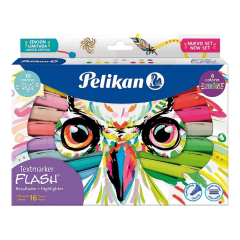 Set Resaltadores Pelikan Buho 16 Unidades (10 Pastel + 6 Neón)