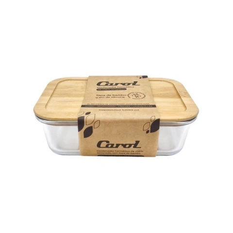 Contenedor tupper de vidrio hermético tapa bambú 23x17x8 cm Carol