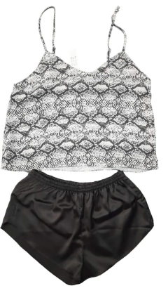 PIJAMA BRETEL FINO Y SHORT RASO ESTAMPADO (701NE) - Victoria Garrido Lenceria